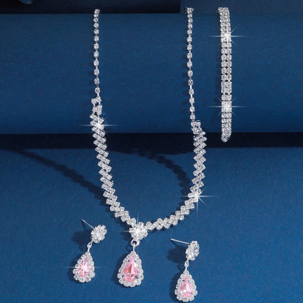 Silver Jewelry Set Prom Bridal Wedding Crystals Necklace Earrings Bracelet Women - Picture 5 of 7